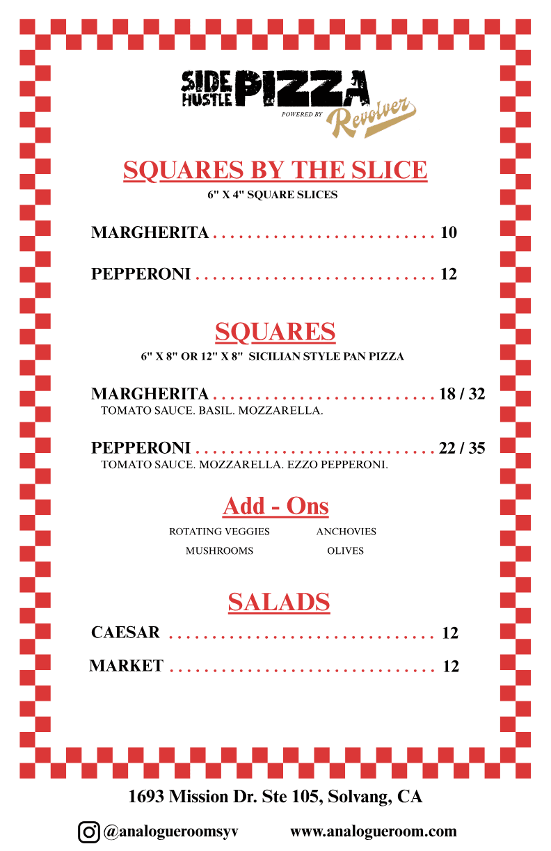 Analogue Room food menu - Squares pizza powered by Revolver Pizza