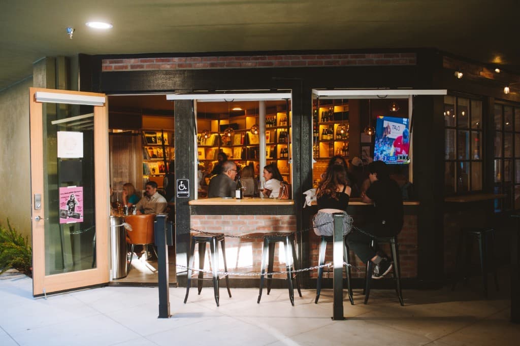 The Analogue Room bar and vinyl lounge storefront in Solvang at night