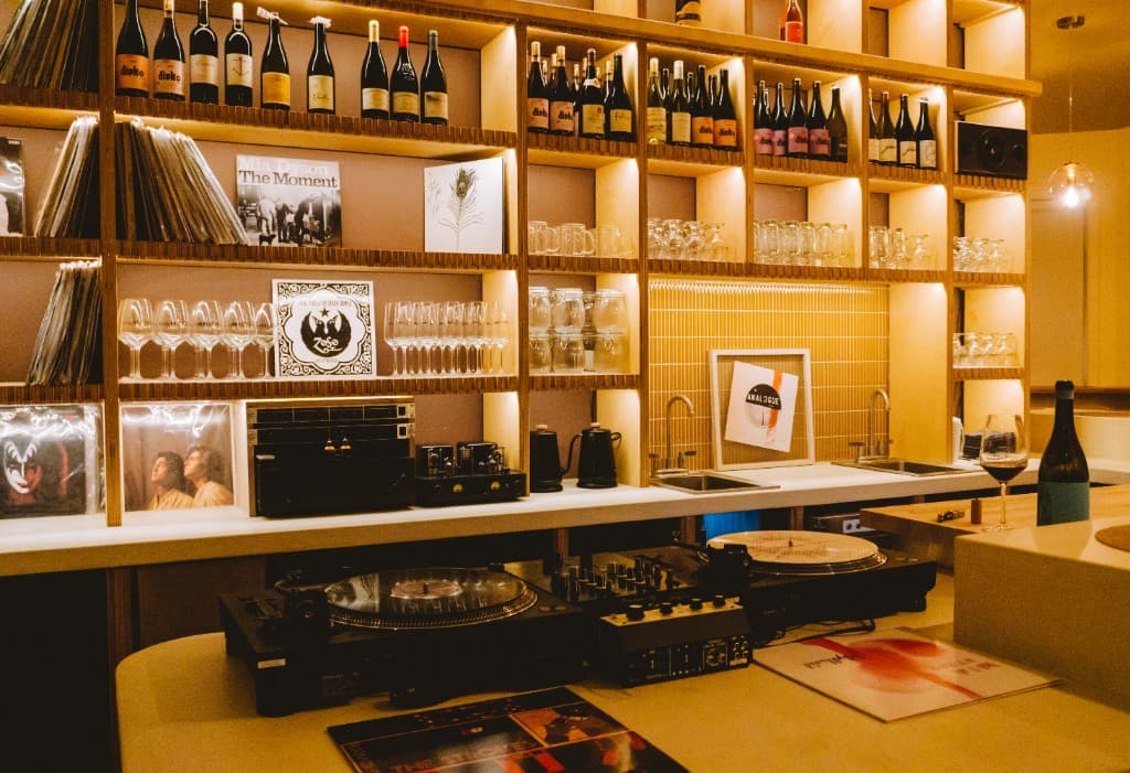 DJ booth with turntables and wine at The Analogue Room wine bar in Solvang