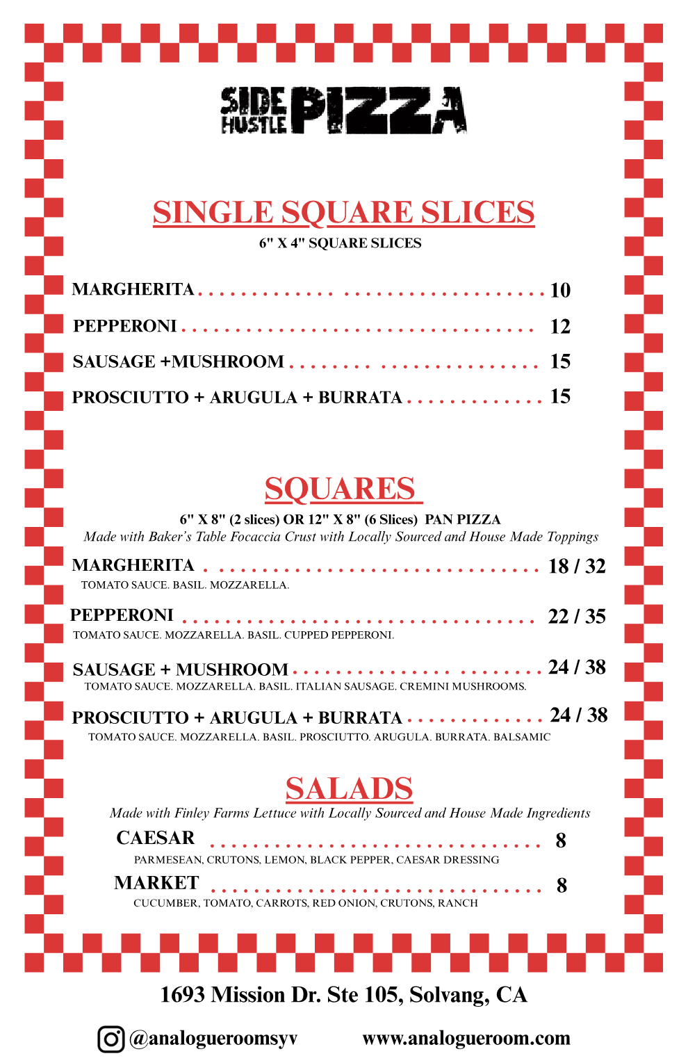 Side Hustle Pizza menu — slices, squares, and salads with prices